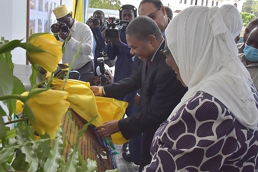 Rais wa Zanzibar na Mwenyekiti wa Baraza la Mapinduzi Dk.Ali Mohamed Shein akifungua pazia kuashiria ufunguzi wa jengo jipya la Wizara ya Ardhi,Nyumba,Maji na Nishati katika hafla iliyofanyika katika jengo hilo leo Maisara Mjini Zanzibar.