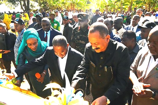 Rais  wa  Zanzibar na Mwenyekiti wa Barazi la Mapinduzi Dk.Ali Mohamed Shein akifungua pazia kama ishara ya Ufunguzi wa Barabara ya Ole-Kengeja Mkoa wa Kusini Pemba ilioyojengwa na Wakala wa Barabara (ZANROAD).