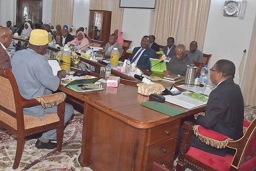 Rais wa Zanzibar na Mwenyekiti wa Baraza la Mapinduzi Dk.Ali Mohamed Shein akizungumza na Uongozi wa Wizara ya Nchi Ofisi ya Rais Utumishi wa Umma na Utawala Bora  katika kikao cha utekelezaji wa Mpango kazi kwa kipindi cha  Julai-Disemba 201
